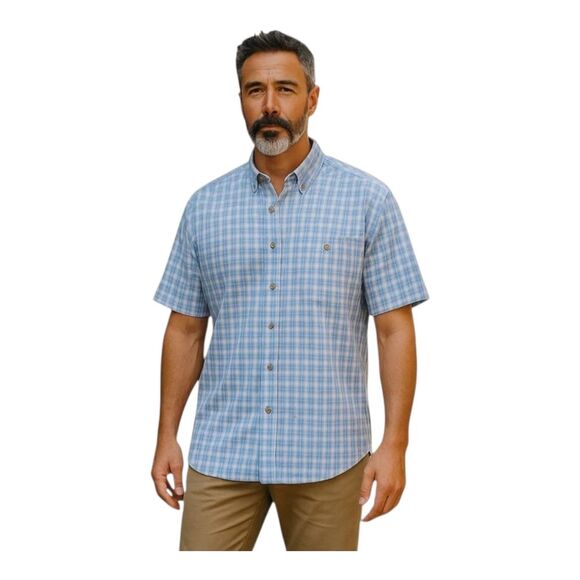 Baxter Brand Natural Clothing Shirt Linen Cotton Blend Blue Plaid L Band Collar - Picture 1 of 15